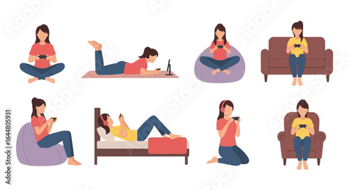 Diverse Poses of a Woman Engaged with a Smartphone for Mobile App Design and User Interface Illustrations, promoting user engagement, mobile gaming, or social media usage.