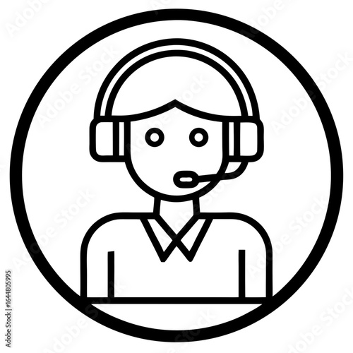 Stylized black and white line art icon of a customer service representative wearing a headset with a microphone inside a thick black circle representing a profile picture or avatar