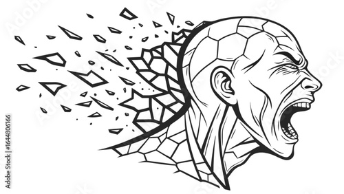 Illustration of a screaming man whose head and shoulder are breaking into geometric shards and fragments