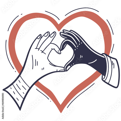 Two diverse hands forming a heart shape with a red outline of a heart behind them symbolizing unity and love