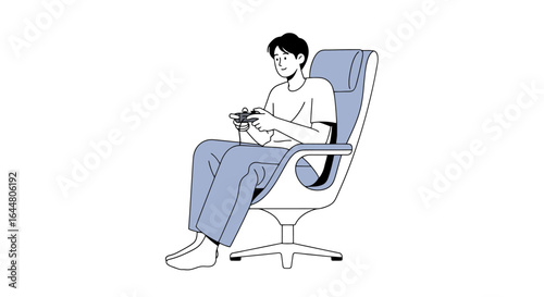 Gamer Immersed in Virtual Worlds Illustration showcasing a relaxing gamer in an ergonomic chair, perfect for gaming blog, e-sports, and technology-related articles.