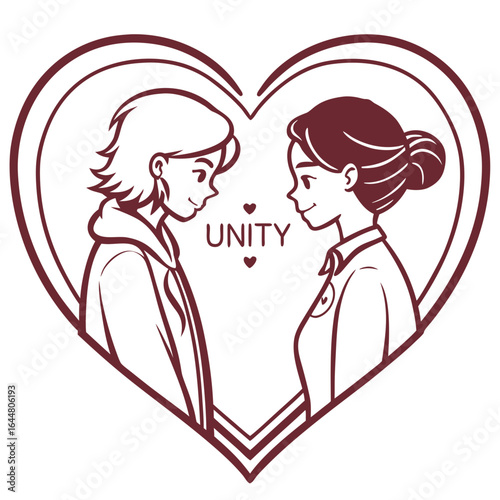 Two people in profile facing each other with the word unity between them enclosed within a stylized heart shape symbolizing connection and togetherness
