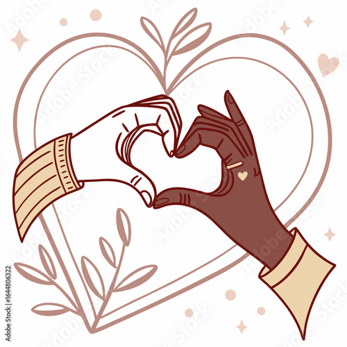 Two hands of different skin tones forming a heart shape with a large heart outline and decorative elements symbolizing love and unity