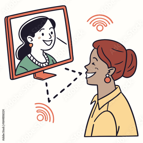 Two smiling women having a video call conversation communicating digitally with wireless signals connecting them across a distance