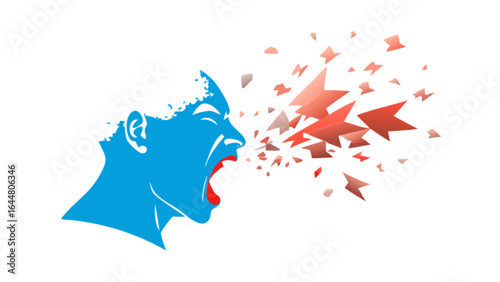 Blue head in profile view yelling with red shapes coming from the mouth showing anger and frustration