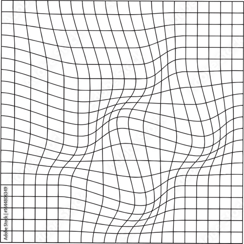 Distorted square grid vector pattern. Abstract wavy mesh, deformation effect, geometric illusion.