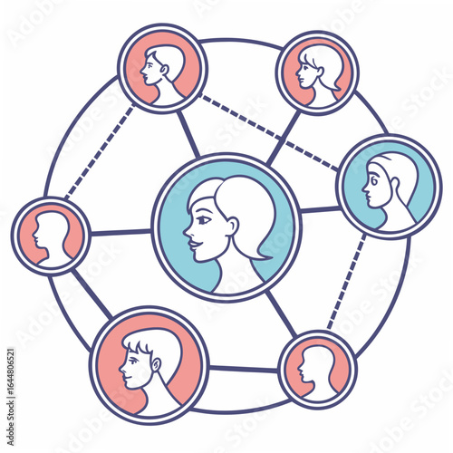 Stylized illustration of a diverse group of people connected in a network symbolizing community and social connections with a central figure