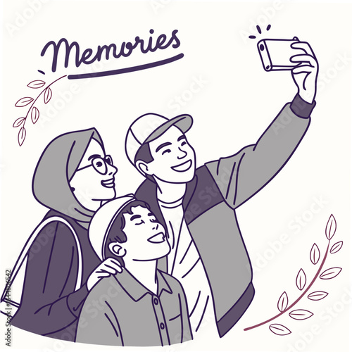 A happy muslim family taking a selfie together with the word memories written above them illustrating cherished moments and togetherness