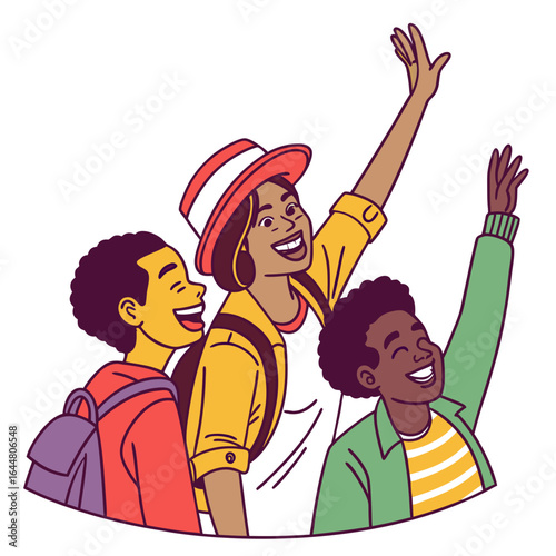 Three happy diverse friends with backpacks waving enthusiastically celebrating an exciting adventure together outdoors