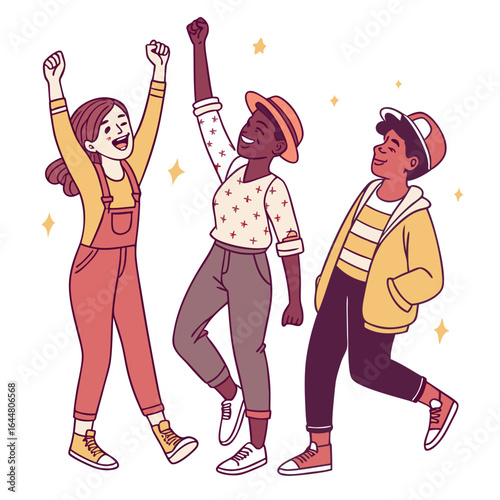 Three diverse friends celebrating together with raised fists and joyful expressions surrounded by sparkling stars conveying a sense of unity and triumph