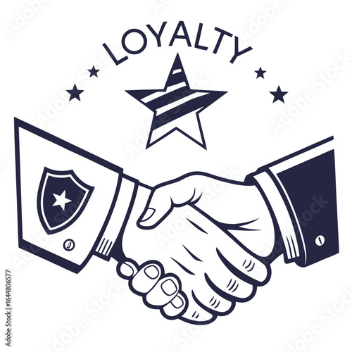 Symbolic illustration of a firm handshake between two individuals representing loyalty and trust adorned with stars and the word loyalty above a shield emblem