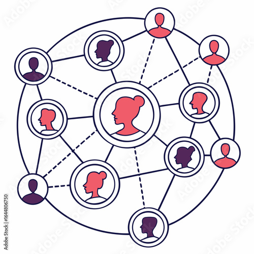 Abstract circular network diagram illustrating connections between diverse people profiles representing a social network or team collaboration with a central figure