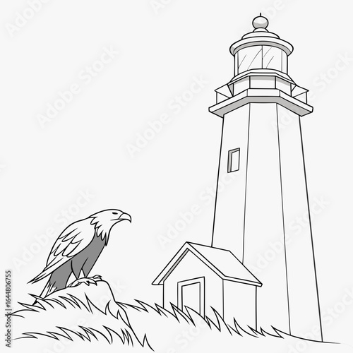 Majestic eagle perched on rocky outcrop beside a tall lighthouse and small outbuilding on a grassy hillside