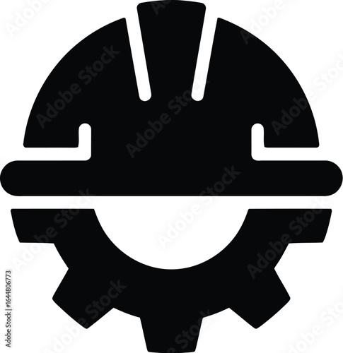 Black silhouette of a hard hat combined with a gear representing industry and safety