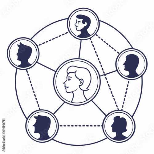 A central figure connects to a diverse group of people in a circular network illustrating teamwork and collaboration