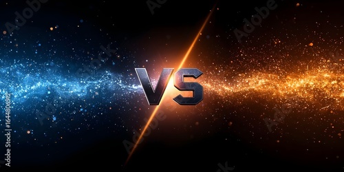 Futuristic VS Battle Background – Glowing Blue & Orange Particle Split with Metallic 'VS' & Cinematic Sparks
