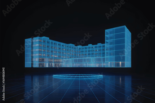 A photorealistic 3D architectural visualization of a modern hospital complex rendered in a holographic blue wireframe style