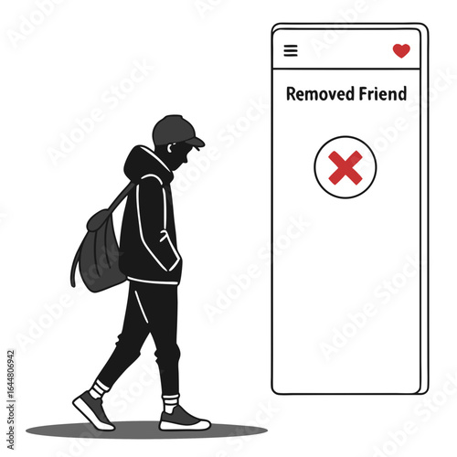 Young person walking away from a phone screen displaying a removed friend notification with a red cross symbol