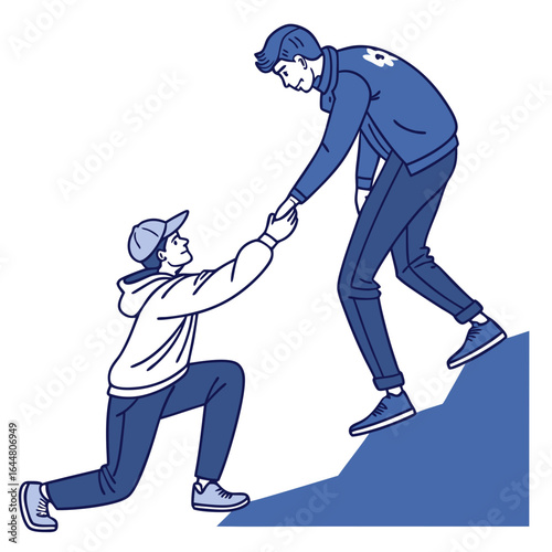 Two men helping each other climb a steep blue hill one reaching down to help the other up symbolizing teamwork and support