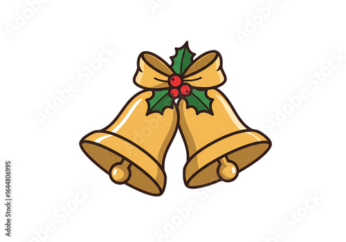 Golden Christmas Bells with Holly and Bow A Festive Illustration on transparent background