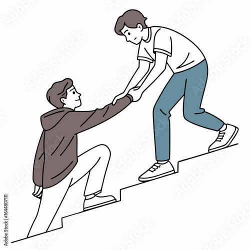 Two young men helping each other climb up a staircase symbolizing support teamwork and achieving goals together
