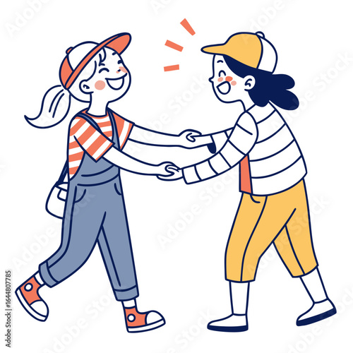 Two happy young girls wearing baseball caps and casual clothes shaking hands and smiling warmly while walking together in a friendly greeting