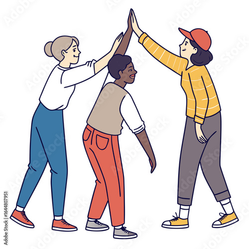 Three diverse friends celebrating success and teamwork with a high five gesture conveying unity and accomplishment in a modern flat illustration style