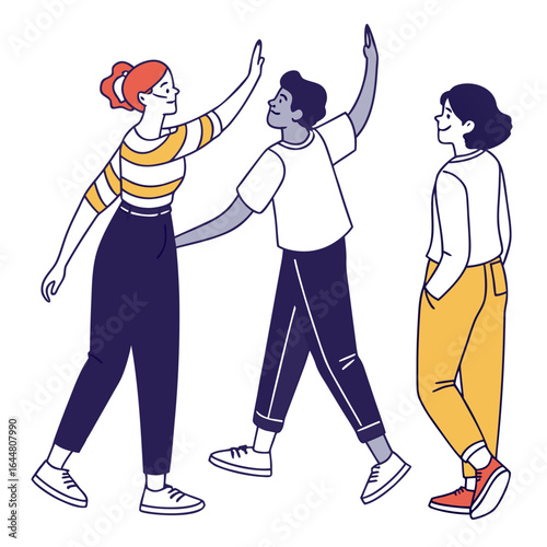 Three diverse friends celebrating success with high fives and a confident stride showcasing teamwork and positive interaction in a modern flat illustration style