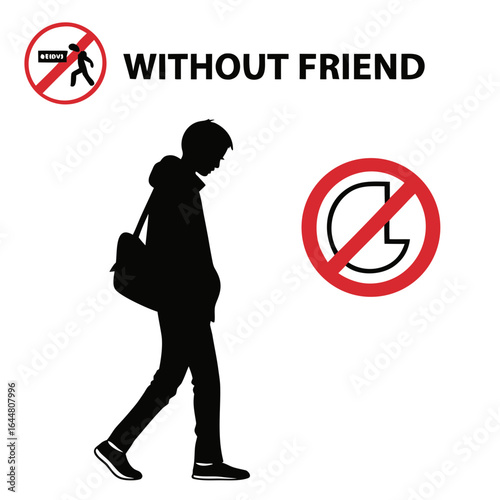 Silhouette of a lone young man walking with a bag symbolizing loneliness and social exclusion with prohibition signs indicating no companionship or togetherness