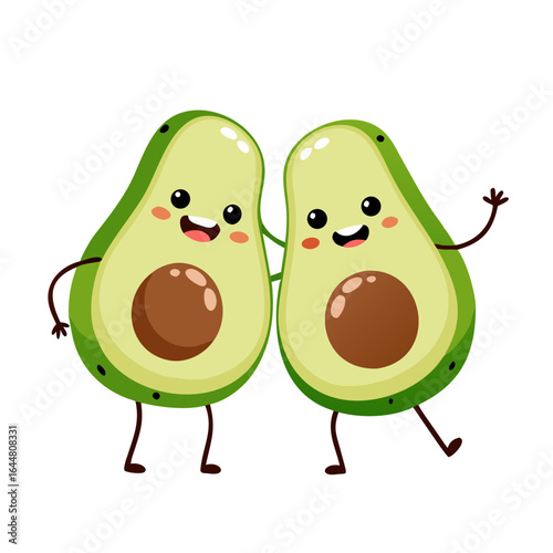 Two happy cartoon avocados with smiling faces and arms raised in a friendly gesture isolated on a black background