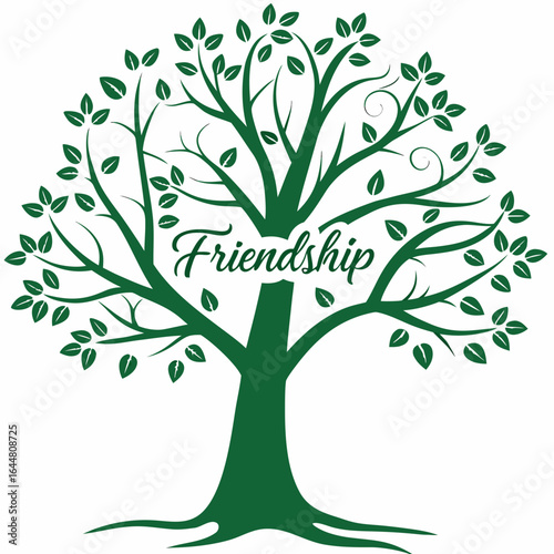 A stylized green tree with the word friendship written in elegant script on a white background symbolizing the growth and strength of relationships
