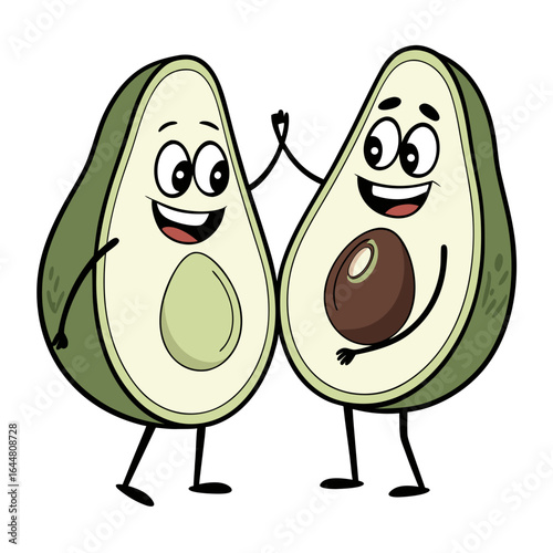 Two cheerful cartoon avocados giving each other a high five celebrating friendship healthy eating and good times together