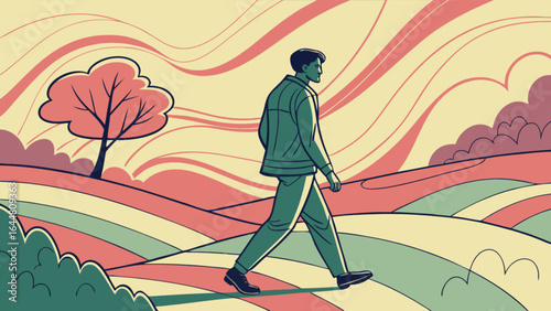 Man walking across a stylized landscape with wavy sky and a tree on the left side of the image