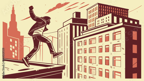 Man jumping across rooftops in a city landscape with buildings and a stylized sky at daytime view