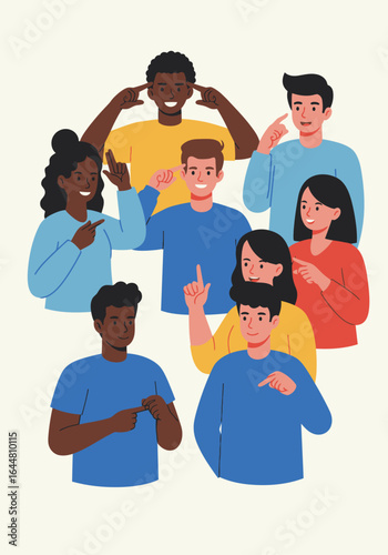 Group of diverse young adults pointing at each other, some covering ears, smiling, and interacting in a playful manner.