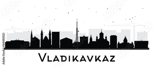 Vladikavkaz Russia city skyline silhouette with black buildings isolated on white. Vladikavkaz cityscape with landmarks. Travel and tourism concept with modern and historic architecture.