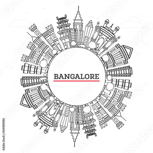 Outline Bangalore India city Skyline with Historic Buildings and copy space. Illustration.