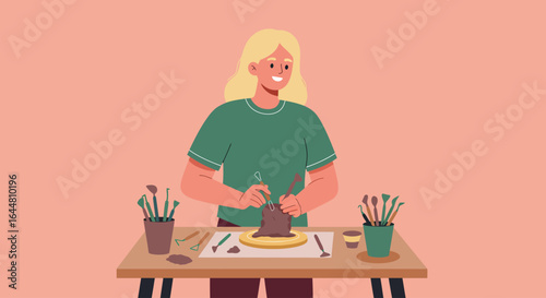 A smiling blonde woman sculpts a clay pot at a table with various pottery tools.