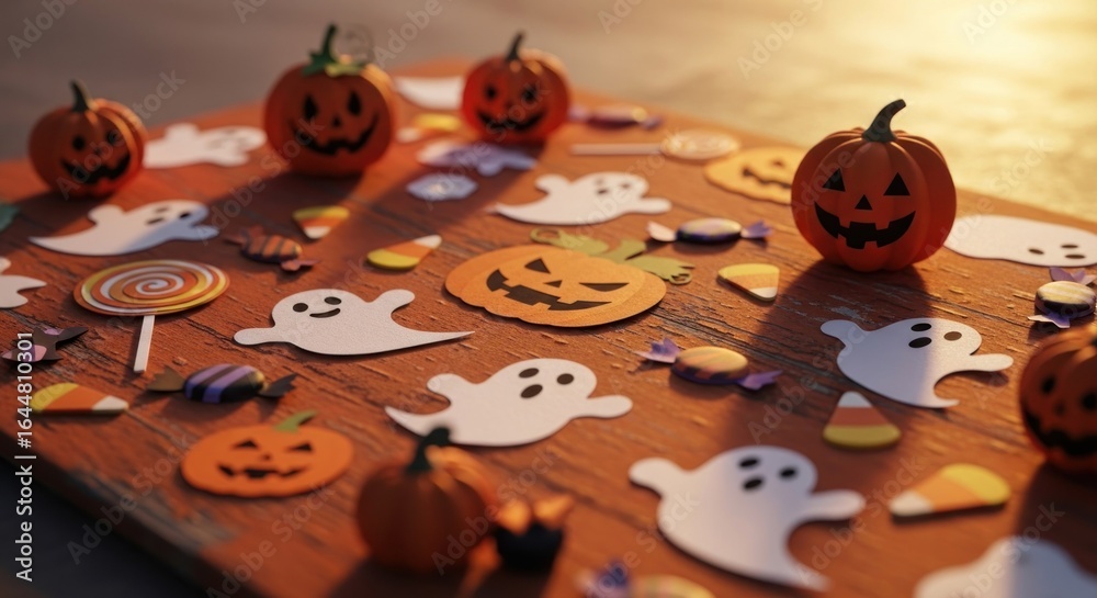 Obraz premium Halloween spread of pumpkins, ghosts, candy on wood