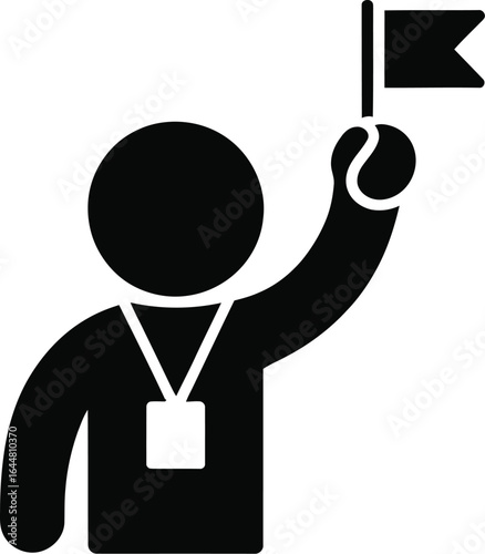 Silhouette of a tour guide holding a flag and wearing an identification badge