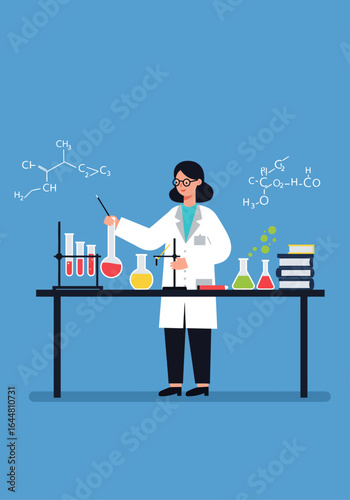 A female scientist in a lab coat conducts a chemistry experiment at a workbench with flasks and beakers.