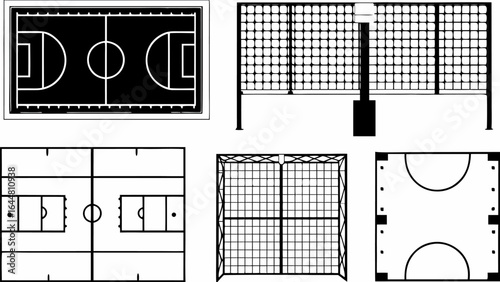 Depiction of various sports fields including basketball, soccer, volleyball and handball courts shown silhouette