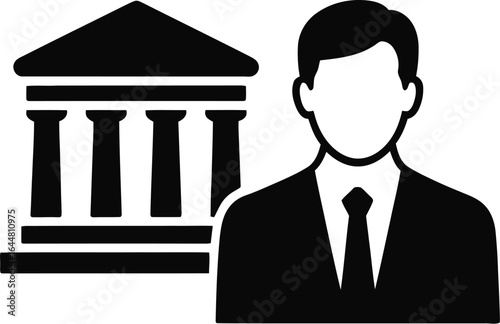 Businessman standing next to classic government building or bank icon