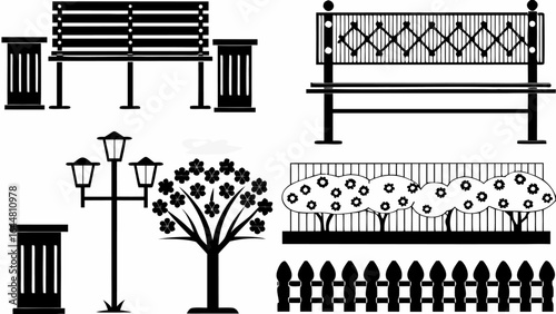 Illustration of park elements including benches, trash cans, streetlights, trees and a fence in black and white silhouette