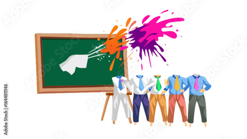 Illustration of a chalkboard with colorful paint splatters and headless figures in business attire attire