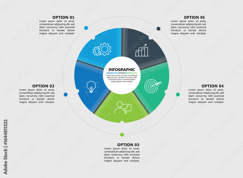 Fototapeta premium Circular infographic diagram with five colorful segments showing icons and editable text for data options 