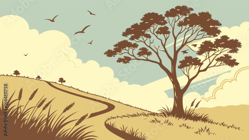 Scenic landscape illustration of tree on hill with birds flying in sky nature background art vector
