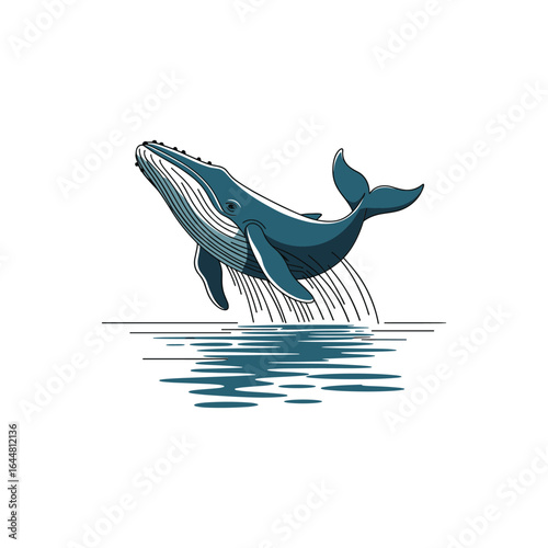 Blue whale breaching ocean waves stylized line art water