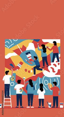 A diverse group of people collaborating to paint a vibrant, abstract mural on a large canvas, showcasing creativity and teamwork.