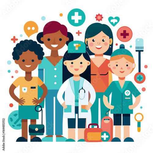 Diverse Midwives with Medical Tools and Baby Icons Flat Vector Illustration
